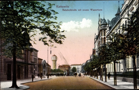 Postcard Katowice Kattowitz Upper Silesia, Bahnhofstrasse, New Water Tower