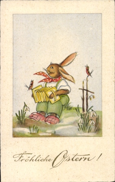 Ak Annaberg Buchholz Erzgebirge, Pöhlberg, Osterhase mit rotem Halstuch und Ziehharmonika sitz...