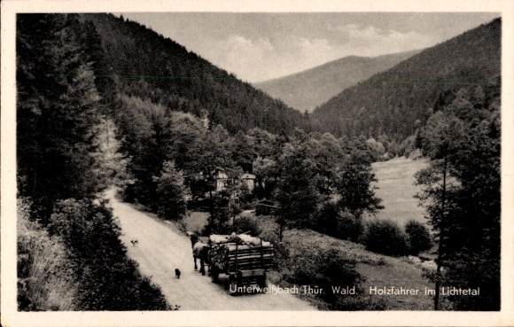 Postcard Unterweißbach in the Thuringian Forest, timber drivers in the Lichtetal