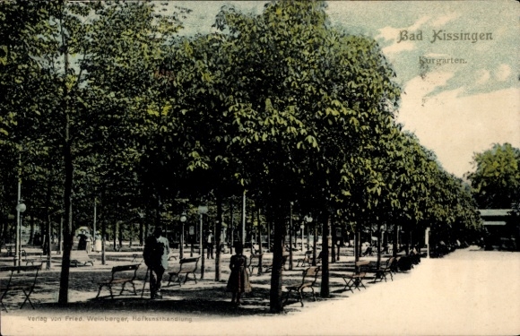 Postcard Bad Kissingen Lower Franconia Bavaria, castle garden, trees, benches, walkers, child
