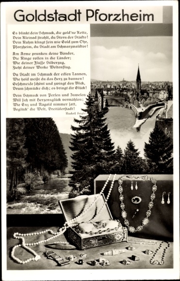 Postcard Pforzheim in the Black Forest, Goldstadt, jewellery, poem