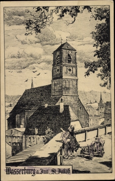 Kunstenaarsbriefkaart Wasserburg am Inn in Opper-Beieren, St. Jakob-kerk