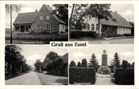 Ak Essel Kutenholz, eten Rochel, oorlogsmonument, school