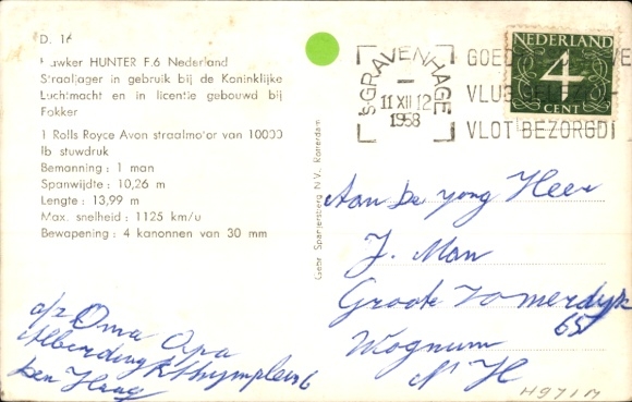 Postcard Dutch military aircraft Hunter F6 Hawker
