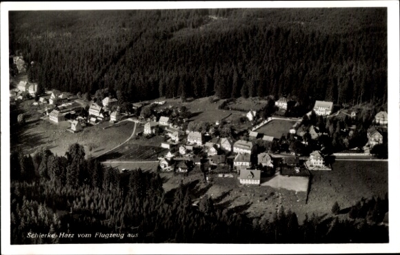 Postcard Schierke Wernigerode in the Harz Mountains, aerial view of Harz Mountains, houses, forests, fields