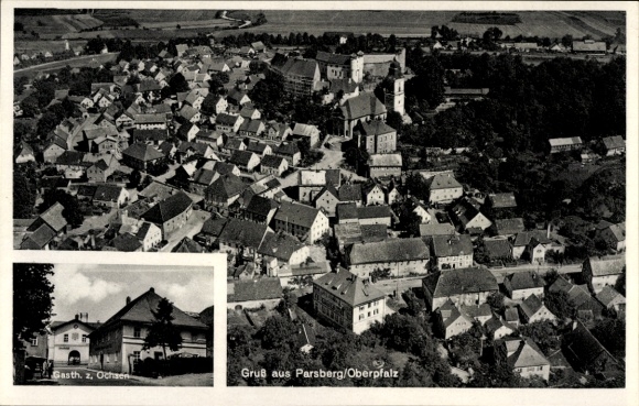 Postcard Parsberg in the Upper Palatinate, aerial photograph, Gasthaus zum Ochsen