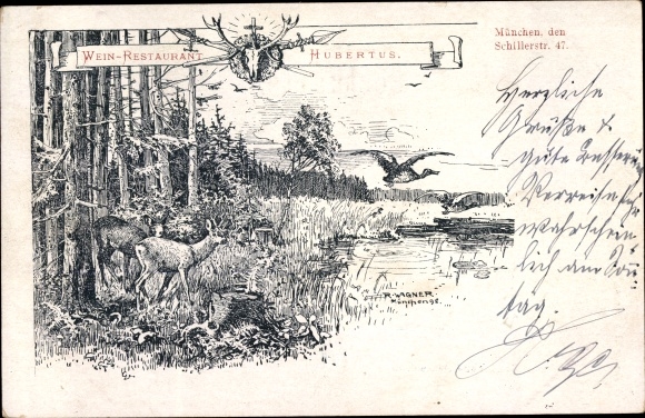 Künstler Ak Wagner, Richard, Naturmotiv, Rehe, Weinrestaurant Hubertus, München, Schillerstraße 47