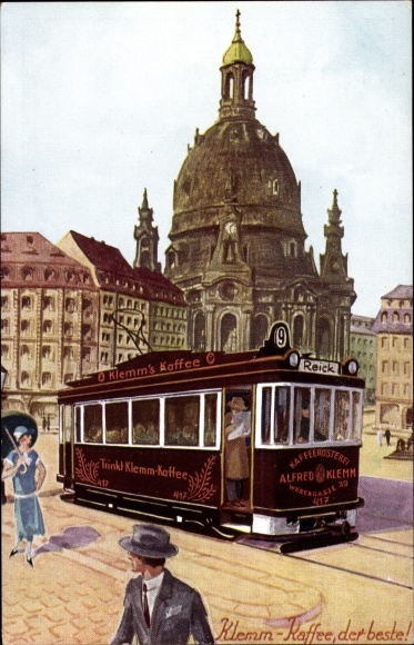 Postcard Dresden center old town, advertising, Alfred Klemm coffee roastery, tram, Frauenkirche