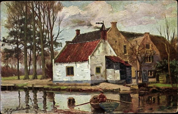 Artist PC Gerstenhauer, Johann Georg, Dutch village motif, boat