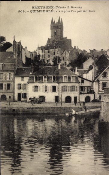 Postcard Quimperlé Finistère, view of houses, river, bridge, church