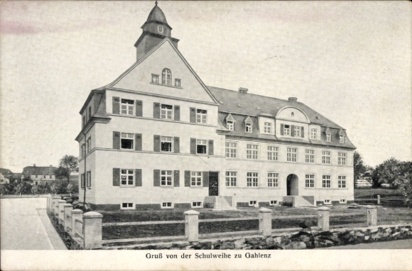 Ak Gahlenz Oederan Sachsen, Schulgebäude, Gruß von der Schulweihe