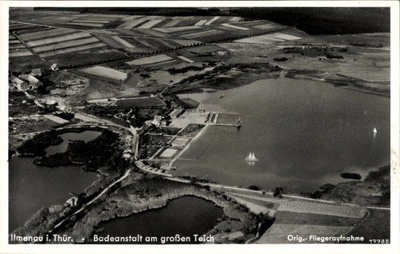 Postcard Ilmenau in Thuringia, aerial photograph, bathing establishment at the large pond