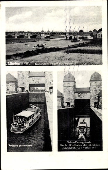 PC Minden in Westphalia, canal bridge, saloon passenger ship Porta Westfalica, shaft lock