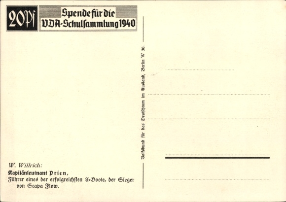 Artist Postcard Willrich, Wolfgang, Lieutenant Commander Günther Prien, Knight's Cross recipient, VDA 1 5 2