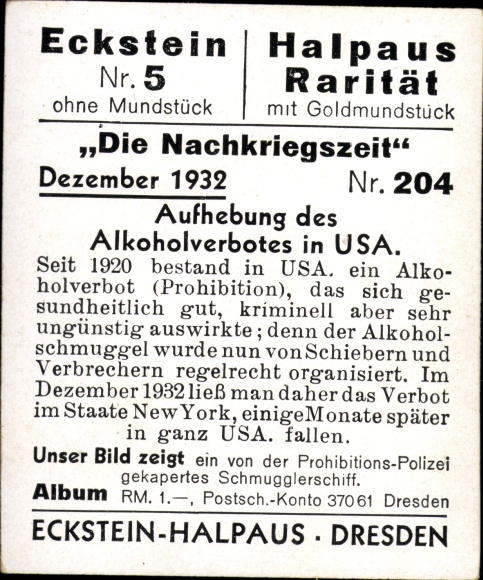 Collector's picture The post-war period No. 204, December 1932, lifting of the alcohol ban in the USA