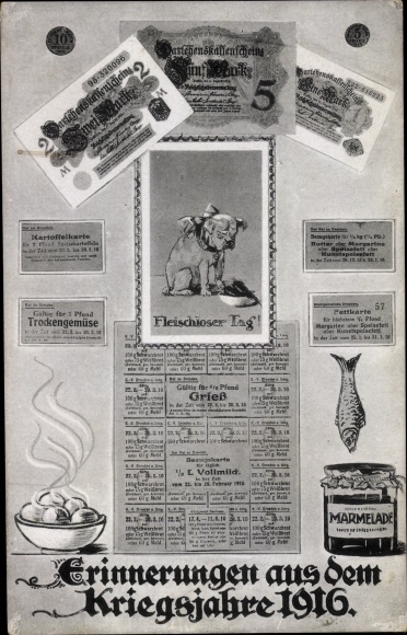 Postcard memories from the war year 1916, meatless day, food stamps