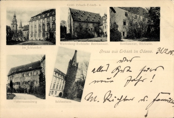 Postcard Erbach in the Odenwald Hesse, city views, castle courtyard, rent chamber, castle tower