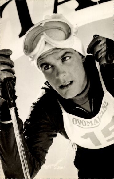 Postcard actor Toni Sailer, portrait, film The Black Lightning, autograph