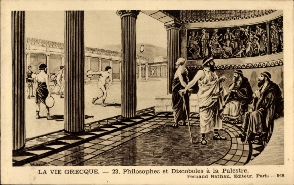 CPA Le vie Greque, Philosophes et Discoboles à la Palestre