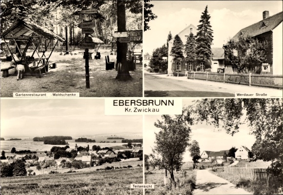 Postcard Ebersbrunn Lichtentanne in Sachsen, Werdauer Straße, Waldschenke, panorama of the village