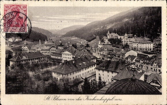 Postcard St. Blasien in the Black Forest, view of church dome, mountains, nostalgic style