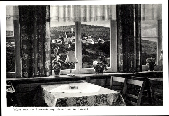 Ak Neuweilnau Weilrod im Taunus, restaurant Mooi uitzicht, terras, uitzicht op Altweilnau