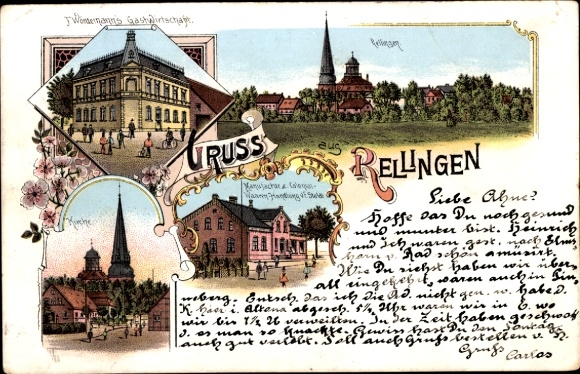 litho Rellingen in Holstein, herberg van F. Wöntemann, goederenwinkel Stoldt, kerk