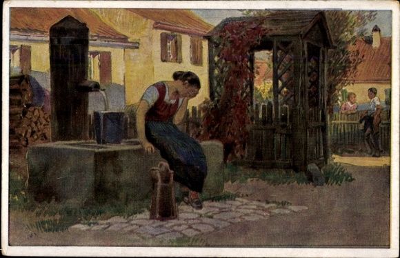 Lied Künstler Ak Hey, Paul, Volksliedkarte Nr 34, Jetzt geh i ans Brünnele, Frau verzweifelt