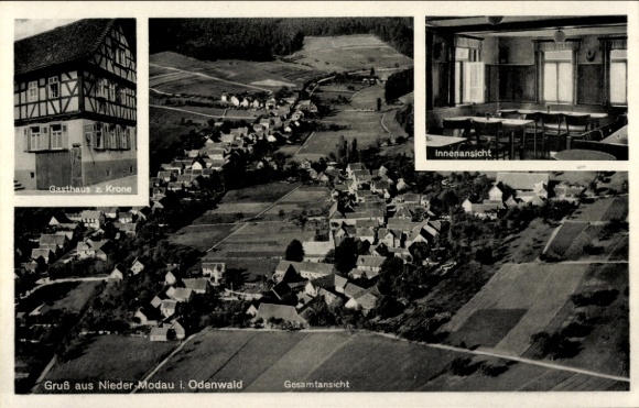Postcard Nieder Modau Ober Ramstadt in Hessen, general view, Gasthof zur Krone, aerial photograph