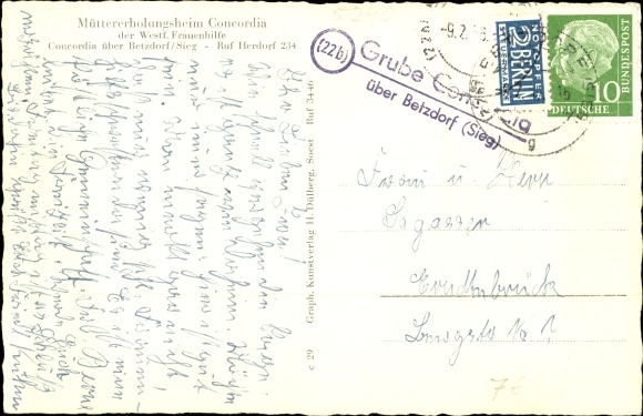 Postcard Herdorf im Siegerland, Concordia convalescent home for mothers