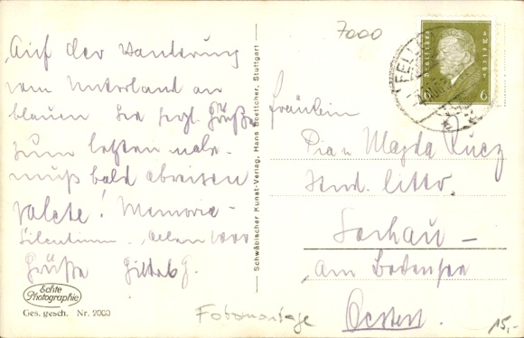 Postcard Stuttgart am Neckar, train station, tram, Mittnachtbau, Hotel Graf Zeppelin, photomontage