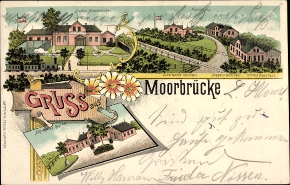 Litho Moorbrücke Holzdorf bei Eckernförde, Station Moorbrücke, Gasthof, Panorama