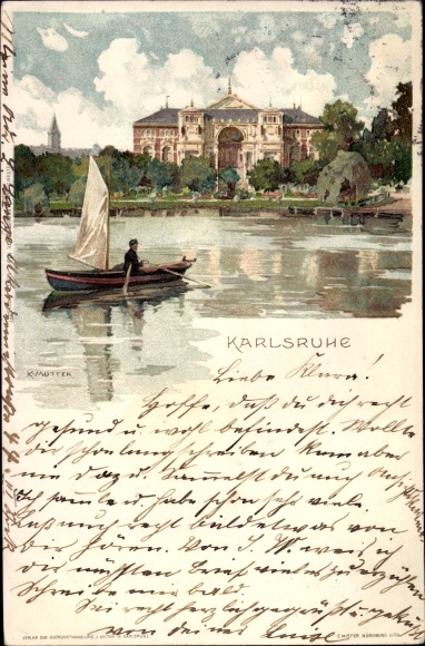 Artist Chromo-Litho mother, K., Karlsruhe in Baden Württemberg, small sailing boat