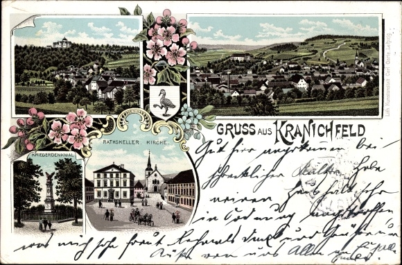 Litho Kranichfeld im Mittleren Ilmtal Thüringen, Ratskeller, Kirche, Kriegerdenkmal