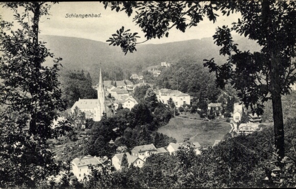 Postcard Schlangenbad in the Taunus Hessen, view of the village church, green landscape