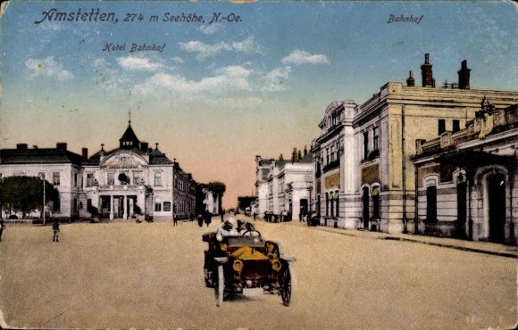 Postcard Amstetten in Lower Austria, Hotel Bahnhof, Train Station