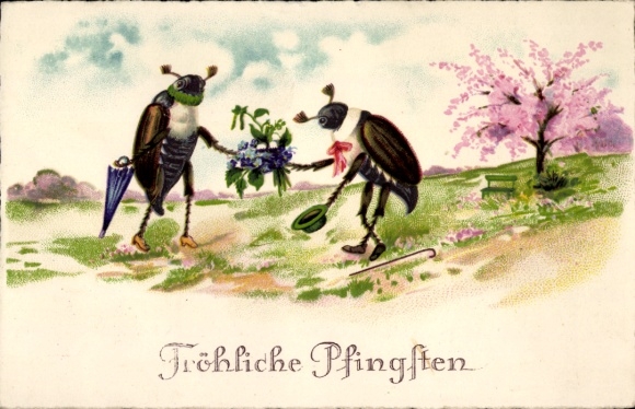Postcard congratulations Pentecost, cockchafer, gift, parasol, walking stick