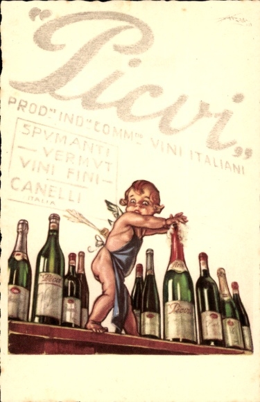 Artist Postcard Picvi, champagne bottles, counter, angel with apron, Spumanti, Vermut, Vini Fini, Canelli