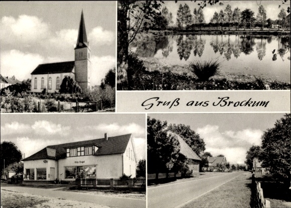 Ak Brockum, stadsgezichten, kerk, waterlichaam, bank, straatgedeelte, winkel