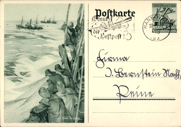 Postwaardestuk Ansichtkaart Axster Heudtlaß, vissers op volle zee, vissersboten