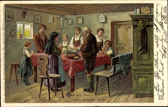 Kunstenaar litho Döcker, E., familie aan tafelgebed, Geef ons vandaag ons dagelijks brood