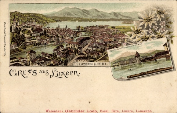 Chromo-Litho Rigi Kaltbad Canton Lucerne, general view, Chapel Bridge, water tower