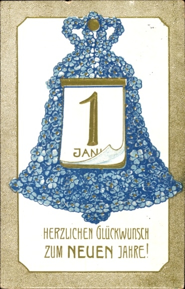 Postcard Happy New Year, calendar, bell