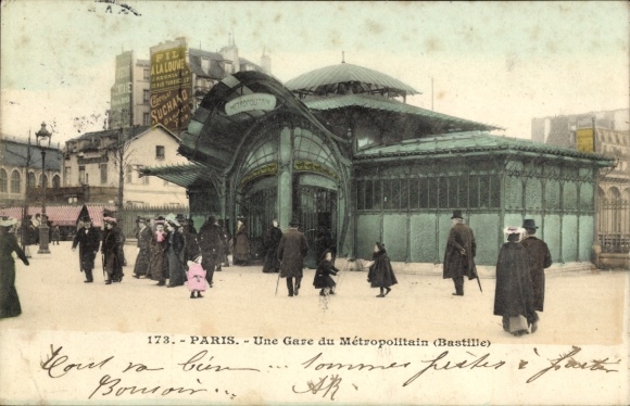 Postcard Paris XII., Metropolitain Station, Place de la Bastille, subway station