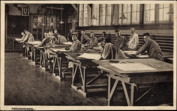 Postcard Neerbosch Nijmegen Gelderland, drawing school, workshop, young men