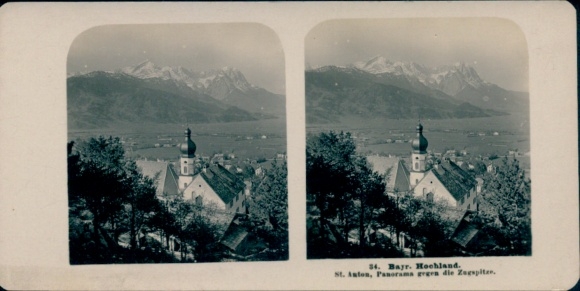 Stereo Foto Mittenwald in Oberbayern, Wallfahrtskirche St. Anton, Zugspitze, Bayrisches Hochland