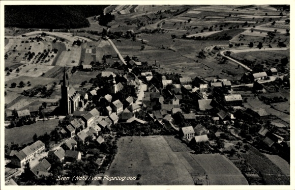 Postcard Sien an der Nahe, aerial view of the village, church visible