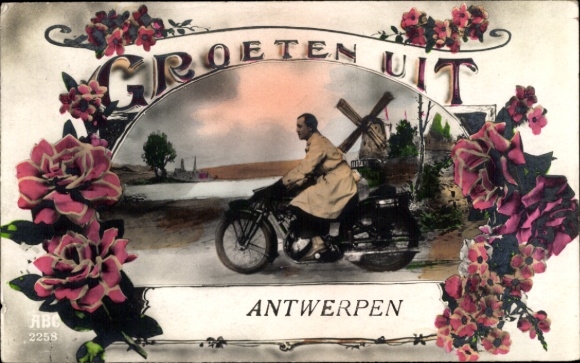 Postcard Anvers Antwerp Flanders, windmill, man on a motorcycle