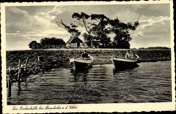 Ansichtkaart Maasholm in Sleeswijk-Holstein, vissershut op de Schlei, boten