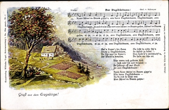 Song Postcard Vogel, Wilhelm, Dar Vuglbärbaam, landscape idyll, Erzgebirge
